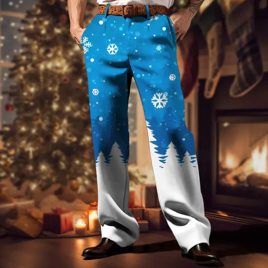 Online OUKU Christmas Men's Christmas Scene Printed Pants Snowflake Business Casual 3D Print Trousers Outdoor Street Wear to work Ugly Polyester Wine Yellow Blue S M L High Elasticity Pants