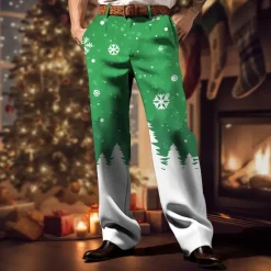 Online OUKU Christmas Men's Christmas Scene Printed Pants Snowflake Business Casual 3D Print Trousers Outdoor Street Wear to work Ugly Polyester Wine Yellow Blue S M L High Elasticity Pants