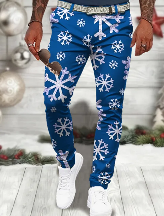 Sale OUKU Christmas Men's Christmas Scene Printed Pants Snowflake Business Casual 3D Print Dress Trousers Outdoor Daily Wear Streetwear Polyester Wine Black Blue S M L Medium Waist Elasticity Pants
