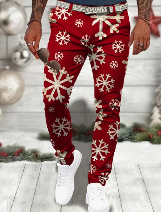 Sale OUKU Christmas Men's Christmas Scene Printed Pants Snowflake Business Casual 3D Print Dress Trousers Outdoor Daily Wear Streetwear Polyester Wine Black Blue S M L Medium Waist Elasticity Pants