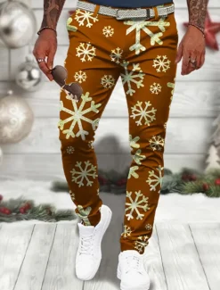 Sale OUKU Christmas Men's Christmas Scene Printed Pants Snowflake Business Casual 3D Print Dress Trousers Outdoor Daily Wear Streetwear Polyester Wine Black Blue S M L Medium Waist Elasticity Pants