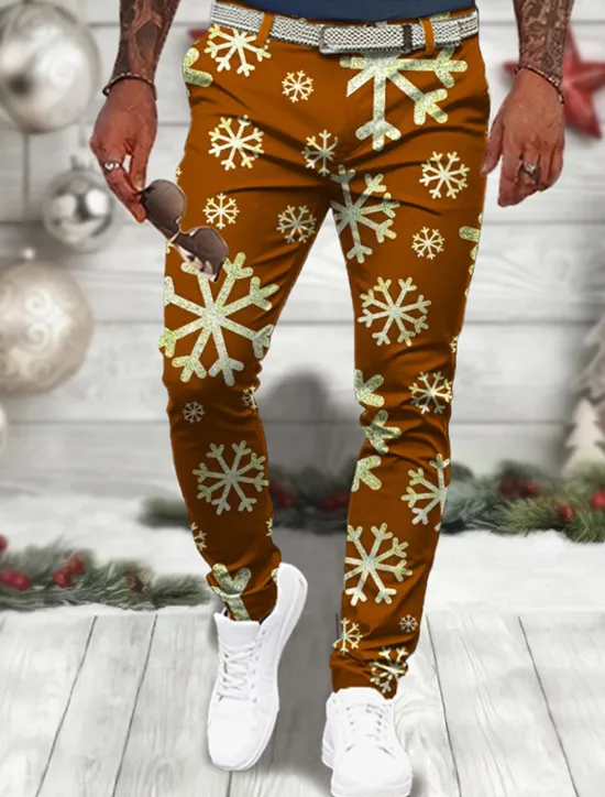 Sale OUKU Christmas Men's Christmas Scene Printed Pants Snowflake Business Casual 3D Print Dress Trousers Outdoor Daily Wear Streetwear Polyester Wine Black Blue S M L Medium Waist Elasticity Pants