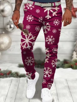 Sale OUKU Christmas Men's Christmas Scene Printed Pants Snowflake Business Casual 3D Print Dress Trousers Outdoor Daily Wear Streetwear Polyester Wine Black Blue S M L Medium Waist Elasticity Pants