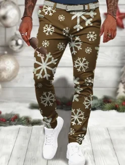 Sale OUKU Christmas Men's Christmas Scene Printed Pants Snowflake Business Casual 3D Print Dress Trousers Outdoor Daily Wear Streetwear Polyester Wine Black Blue S M L Medium Waist Elasticity Pants
