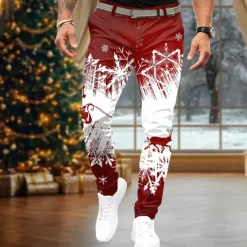 New OUKU Christmas Men's Geometric Dress Pants Mid Waist Casual Party Evening Wear Dailywear Holiday Zipper Pocket Summer Spring Fall 3D Print Red Blue Green
