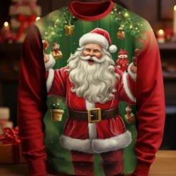 Hot OUKU Christmas Men's Graphic Santa Claus T Shirt Long Sleeve T shirt 3D Print Crew Neck Shirt Fashion Designer Casual Sports Outdoor Holiday Going out Light Green Red Dark Green Spring & Fall Clothing