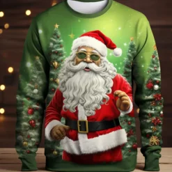 Hot OUKU Christmas Men's Graphic Santa Claus T Shirt Long Sleeve T shirt 3D Print Crew Neck Shirt Fashion Designer Casual Sports Outdoor Holiday Going out Light Green Red Dark Green Spring & Fall Clothing