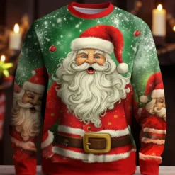 Hot OUKU Christmas Men's Graphic Santa Claus T Shirt Long Sleeve T shirt 3D Print Crew Neck Shirt Fashion Designer Casual Sports Outdoor Holiday Going out Light Green Red Dark Green Spring & Fall Clothing