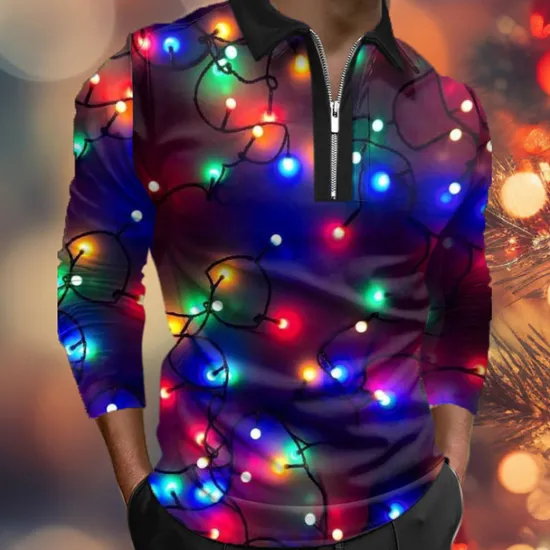Online OUKU Christmas Men's Lanterns Zip Polo Golf Polos Shirts Long Sleeve Polo Shirts Turndown Zip Casual Outdoor Casual Daily Streetwear 3D Print Fall & Winter Black Blue