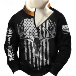 New OUKU Christmas Men's Letter American Flag Deer Sweatshirt Quarter Zip Sweatshirt Long Sleeve Sweatshirt Stand Collar Quarter Zip Casual Vintage Retro 3D Print Vacation Going out Streetwear Half Zip Fall Black