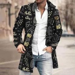 New OUKU Christmas Men's Letter Bell Winter Coat Overcoat Warm Breathable Comfortable Business Bootie Christmas Work Wear to work Pocket Print Fall & Winter Turndown Long Sleeve Black Wine Blue