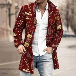New OUKU Christmas Men's Letter Bell Winter Coat Overcoat Warm Breathable Comfortable Business Bootie Christmas Work Wear to work Pocket Print Fall & Winter Turndown Long Sleeve Black Wine Blue