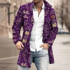 New OUKU Christmas Men's Letter Bell Winter Coat Overcoat Warm Breathable Comfortable Business Bootie Christmas Work Wear to work Pocket Print Fall & Winter Turndown Long Sleeve Black Wine Blue