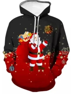 Clearance OUKU Christmas Men's Santa Claus 3D Hoodies Unisex Pullover Wine Red Custom Print Black White Red Hooded Santa Claus Graphic Prints Print Daily Sports 3D Print Designer Casual Big and Tall Spring & Fall