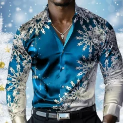 Sale OUKU Christmas Men's Snowflake Satin Shirt Dress Shirt Button Up Shirt Long Sleeve Casual Vacation Party Evening Wear Dailywear Summer Spring Fall Collared Shirts 3D Print Yellow Red Blue Purple Green