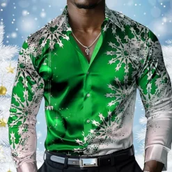 Sale OUKU Christmas Men's Snowflake Satin Shirt Dress Shirt Button Up Shirt Long Sleeve Casual Vacation Party Evening Wear Dailywear Summer Spring Fall Collared Shirts 3D Print Yellow Red Blue Purple Green