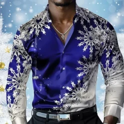 Sale OUKU Christmas Men's Snowflake Satin Shirt Dress Shirt Button Up Shirt Long Sleeve Casual Vacation Party Evening Wear Dailywear Summer Spring Fall Collared Shirts 3D Print Yellow Red Blue Purple Green