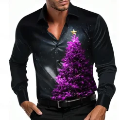 Best OUKU Christmas Men's Tree Shirt Dress Shirt Button Up Shirt Long Sleeve Casual Fashion Casual Vacation Party Evening Wear Dailywear Summer Spring Fall Collared Shirts 3D Print Light Blue Black Blue Purple
