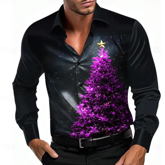 Best OUKU Christmas Men's Tree Shirt Dress Shirt Button Up Shirt Long Sleeve Casual Fashion Casual Vacation Party Evening Wear Dailywear Summer Spring Fall Collared Shirts 3D Print Light Blue Black Blue Purple