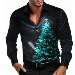 Best OUKU Christmas Men's Tree Shirt Dress Shirt Button Up Shirt Long Sleeve Casual Fashion Casual Vacation Party Evening Wear Dailywear Summer Spring Fall Collared Shirts 3D Print Light Blue Black Blue Purple