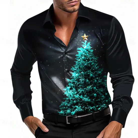 Best OUKU Christmas Men's Tree Shirt Dress Shirt Button Up Shirt Long Sleeve Casual Fashion Casual Vacation Party Evening Wear Dailywear Summer Spring Fall Collared Shirts 3D Print Light Blue Black Blue Purple