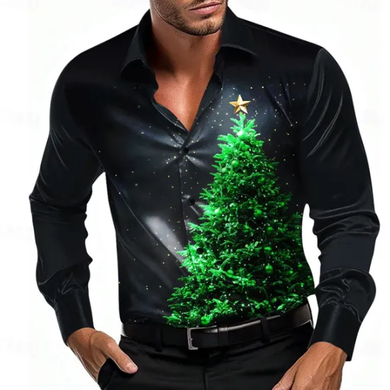 Best OUKU Christmas Men's Tree Shirt Dress Shirt Button Up Shirt Long Sleeve Casual Fashion Casual Vacation Party Evening Wear Dailywear Summer Spring Fall Collared Shirts 3D Print Light Blue Black Blue Purple