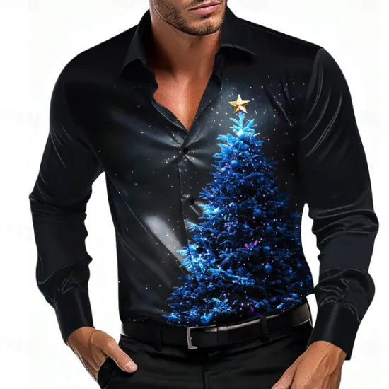 Best OUKU Christmas Men's Tree Shirt Dress Shirt Button Up Shirt Long Sleeve Casual Fashion Casual Vacation Party Evening Wear Dailywear Summer Spring Fall Collared Shirts 3D Print Light Blue Black Blue Purple