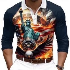 Discount OUKU Christmas Men's USA Statue Of Liberty Polo Shirts Golf Polos Shirts Long Sleeve Polo Shirts Collar Casual Vacation Street Dailywear Buttons 3D Print Spring & Summer Dark Blue