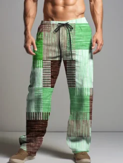 New OUKU Christmas Patchwork Pants Mens Graphic Stripe Geometry Casual 3D Print Trousers Outdoor Street Going Polyester Yellow Pink Orange Mid Waist Elasticity Squares Brown Cotton Abstract