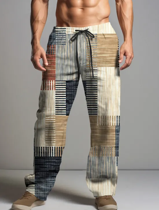 New OUKU Christmas Patchwork Pants Mens Graphic Stripe Geometry Casual 3D Print Trousers Outdoor Street Going Polyester Yellow Pink Orange Mid Waist Elasticity Squares Brown Cotton Abstract