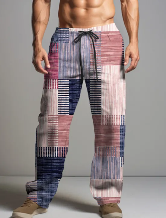 New OUKU Christmas Patchwork Pants Mens Graphic Stripe Geometry Casual 3D Print Trousers Outdoor Street Going Polyester Yellow Pink Orange Mid Waist Elasticity Squares Brown Cotton Abstract