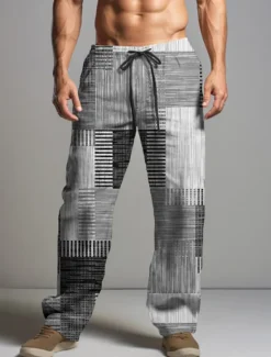New OUKU Christmas Patchwork Pants Mens Graphic Stripe Geometry Casual 3D Print Trousers Outdoor Street Going Polyester Yellow Pink Orange Mid Waist Elasticity Squares Brown Cotton Abstract