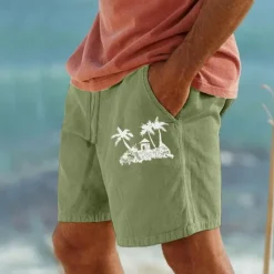Online OUKU Coconut Tree Men's Cotton Linen Shorts Summer Hawaiian Shorts Beach Shorts Print Drawstring Elastic Waist Breathable Soft 10% Linen Shorts Casual Daily Holiday Streetwear