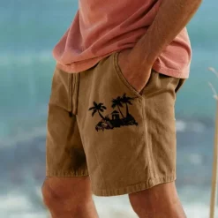 Online OUKU Coconut Tree Men's Cotton Linen Shorts Summer Hawaiian Shorts Beach Shorts Print Drawstring Elastic Waist Breathable Soft 10% Linen Shorts Casual Daily Holiday Streetwear