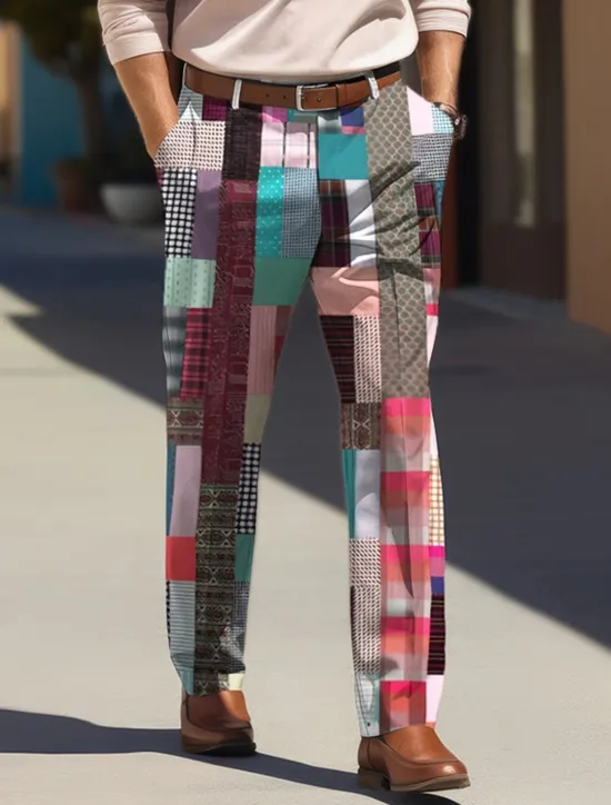 New OUKU Color Block Geometry Business Casual Men's Business 3D Printed Dress Pants Flat Front Straight-Leg Relaxed-fit Polyester Summer Pants Outdoor Street Wear to Work Daily Wear S TO 3XL