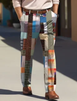 New OUKU Color Block Geometry Business Casual Men's Business 3D Printed Dress Pants Flat Front Straight-Leg Relaxed-fit Polyester Summer Pants Outdoor Street Wear to Work Daily Wear S TO 3XL