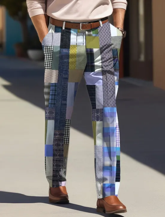 New OUKU Color Block Geometry Business Casual Men's Business 3D Printed Dress Pants Flat Front Straight-Leg Relaxed-fit Polyester Summer Pants Outdoor Street Wear to Work Daily Wear S TO 3XL