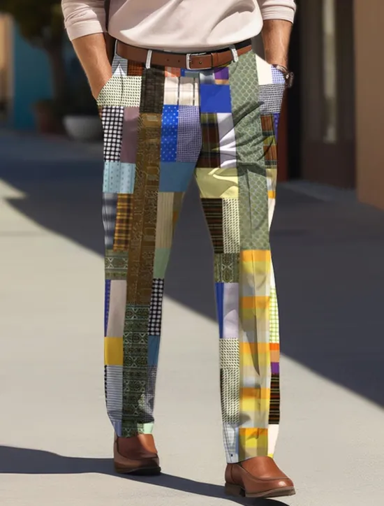 New OUKU Color Block Geometry Business Casual Men's Business 3D Printed Dress Pants Flat Front Straight-Leg Relaxed-fit Polyester Summer Pants Outdoor Street Wear to Work Daily Wear S TO 3XL