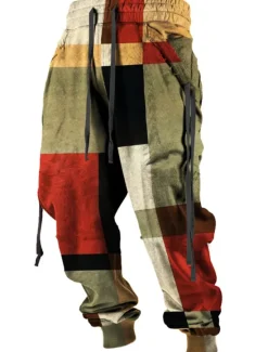 New OUKU Color Block Plaid / Check Casual Men's 3D Print Sweatpants Joggers Pants Trousers Outdoor Street Casual Daily Polyester Red Blue Brown S M L Mid Waist Elasticity Pants
