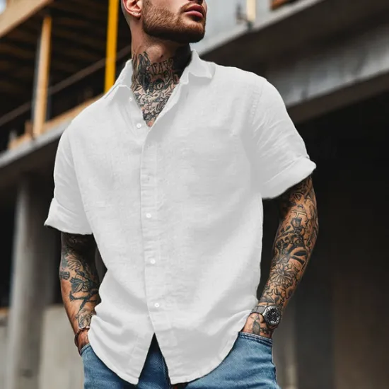 Clearance OUKU Cotton And Linen Classic Men's Shirt Linen Shirt Summer Shirt Beach Shirt Button Up Shirt Black White Blue Short Sleeve Plain Turndown Summer Vacation Holiday Clothing Apparel