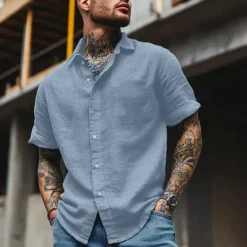 Clearance OUKU Cotton And Linen Classic Men's Shirt Linen Shirt Summer Shirt Beach Shirt Button Up Shirt Black White Blue Short Sleeve Plain Turndown Summer Vacation Holiday Clothing Apparel
