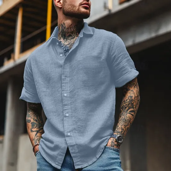 Clearance OUKU Cotton And Linen Classic Men's Shirt Linen Shirt Summer Shirt Beach Shirt Button Up Shirt Black White Blue Short Sleeve Plain Turndown Summer Vacation Holiday Clothing Apparel