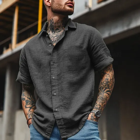 Clearance OUKU Cotton And Linen Classic Men's Shirt Linen Shirt Summer Shirt Beach Shirt Button Up Shirt Black White Blue Short Sleeve Plain Turndown Summer Vacation Holiday Clothing Apparel