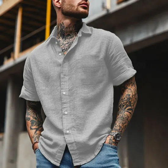 Clearance OUKU Cotton And Linen Classic Men's Shirt Linen Shirt Summer Shirt Beach Shirt Button Up Shirt Black White Blue Short Sleeve Plain Turndown Summer Vacation Holiday Clothing Apparel