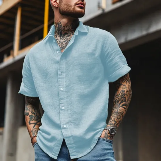 Clearance OUKU Cotton And Linen Classic Men's Shirt Linen Shirt Summer Shirt Beach Shirt Button Up Shirt Black White Blue Short Sleeve Plain Turndown Summer Vacation Holiday Clothing Apparel