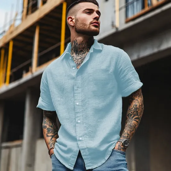 Clearance OUKU Cotton And Linen Classic Men's Shirt Linen Shirt Summer Shirt Beach Shirt Button Up Shirt Black White Blue Short Sleeve Plain Turndown Summer Vacation Holiday Clothing Apparel