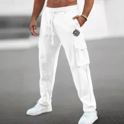 Best OUKU 95%Cotton Men's Embroidery Sweatpants Joggers Trousers Cargo Sweatpants Drawstring Elastic Waist Multi Pocket Plain Comfort Breathable Casual Daily Holiday Sports Fashion Spring Summer Black White