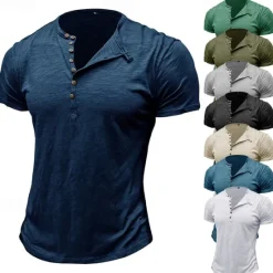 Clearance OUKU 100%Cotton Men's T Shirt Henley Shirt Tee Short Sleeve Shirt Tee Top Plain Vintage Designer Basic Button Up Henley Vacation Street Casual Daily Spring Summer Black White Light Green Henley T-Shirt