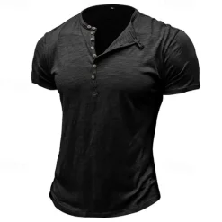 Clearance OUKU 100%Cotton Men's T Shirt Henley Shirt Tee Short Sleeve Shirt Tee Top Plain Vintage Designer Basic Button Up Henley Vacation Street Casual Daily Spring Summer Black White Light Green Henley T-Shirt
