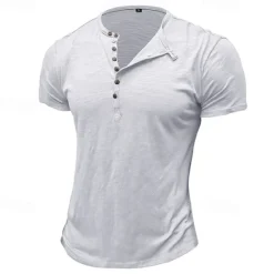 Clearance OUKU 100%Cotton Men's T Shirt Henley Shirt Tee Short Sleeve Shirt Tee Top Plain Vintage Designer Basic Button Up Henley Vacation Street Casual Daily Spring Summer Black White Light Green Henley T-Shirt